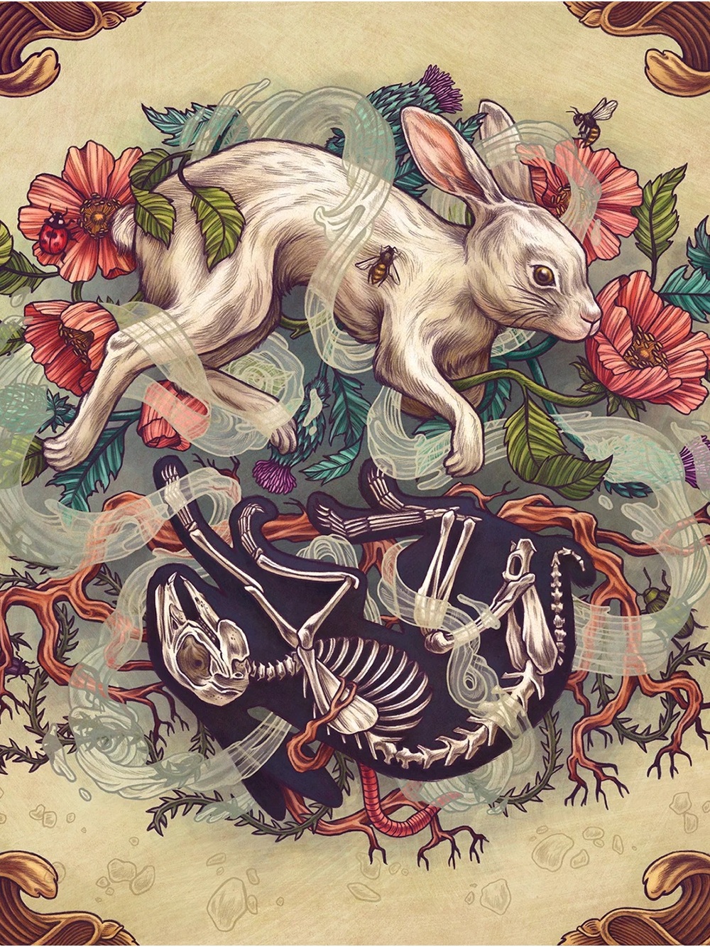Society6 White Rabbit and Floral Duvet Cover with Coral and Teal Accents